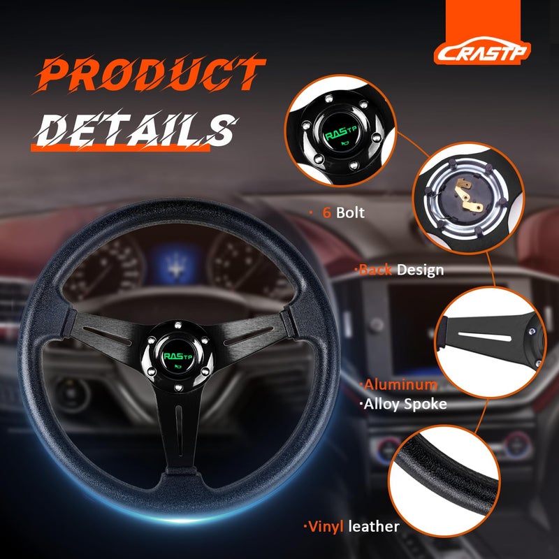 RASTP Universal Racing Steering Wheel 13.8â€/350mm 6 Bolts Grip Vinyl Leather & Aluminum with Horn Button for Car -Black - Image 2